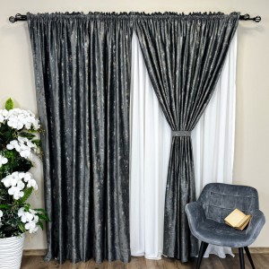 Set 2 Draperii Catifea Asama cu insertii aurii - 2m latime x 2.50m inaltime x Tiv lat, Gri inchis - V14