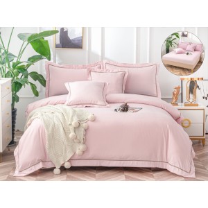 Lenjerie pat dublu, Bumbac Fin Texturat, CEARSAF CU ELASTIC, 6 piese, Pudra