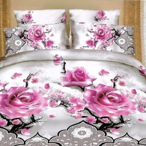 Lenjerie pat dublu, 4 piese, IMPRIMEU 3D Multiplicat Multiplicat, Microfibra, Roz, trandafiri