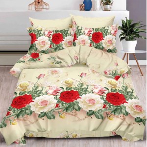 Lenjerie pat dublu, 4 piese, IMPRIMEU 3D Multiplicat Multiplicat, Microfibra, Bej, flori
