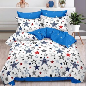 Lenjerie pat dublu,  FINET, 6 piese, cu ELASTIC, Albastru, stelute