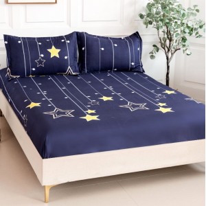 Cearsaf cu elastic, Bumbac Satinat, 160/180x200cm, 2 fete de perne 50x70cm, Bleumarin, stelute