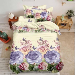 Lenjerie pat 1 PERSOANA, 3 piese, IMPRIMEU 3D Multiplicat, Microfibra, Crem-Lila, trandafiri, fluturi