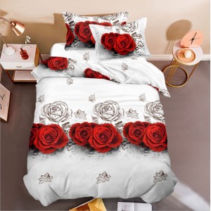 Lenjerie pat 1 PERSOANA, 3 piese, IMPRIMEU 3D Multiplicat, Microfibra, Alb-Rosu, trandafiri