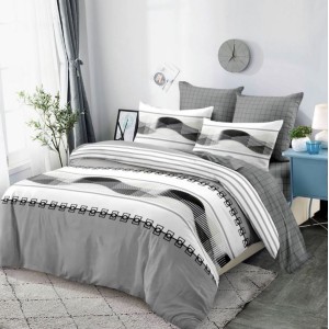 Lenjerie pat dublu,  FINET, cu elastic, 6 piese, Alb, Gri, Dungi, Forme Geometrice