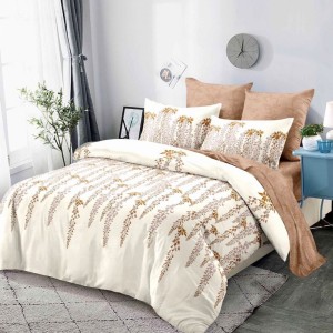 Lenjerie pat dublu,  FINET, cu elastic, 6 piese, Crem, Bej, Flori