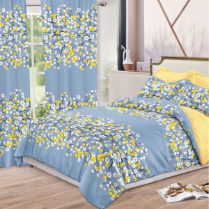 Lenjerie pat dublu,  FINET, 8 piese, cu 2 DRAPERII INCLUSE, Gri albăstrui, flori