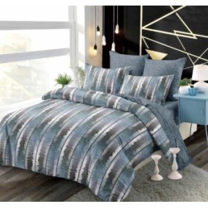 Lenjerie pat dublu,  FINET, cu elastic, 6 piese, Gri, Albastru, Abstract