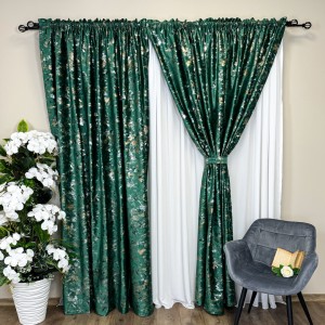 Set 2 Draperii Catifea Nikko cu insertii aurii - 2m latime x 2.50m inaltime x Tiv lat, Verde Smarald - V12