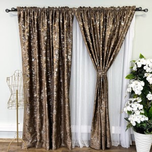 Set 2 Draperii Catifea Nikko cu insertii aurii - 2m latime x 2.50m inaltime x Tiv lat, Maro - V7