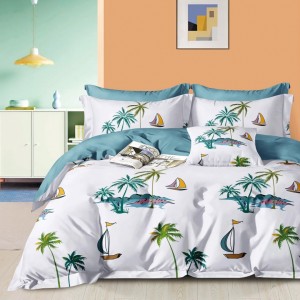 Lenjerie de Pat Dublu, 4 Piese, din Bumbac 100% Percalle cu Două Fețe – Confort Premium, Design Versatil și Durabilitate de Excepție, Gri, Multicolor, palmieri