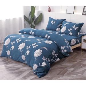 Lenjerie pat dublu, Super Pufoasa COCOLINO, 4 piese, cu ELASTIC, Albastru petrol, flori