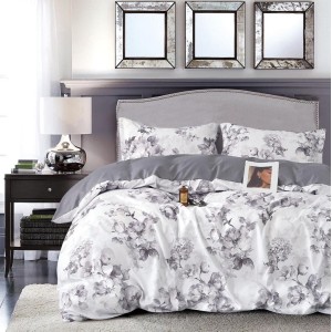 Lenjerie pat 1 PERSOANA, FINET, 4 piese, Gri, flori