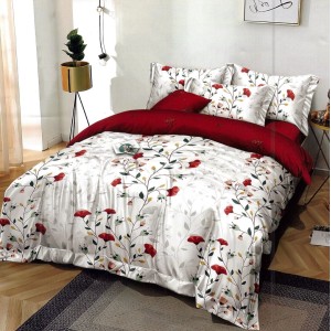 Lenjerie pat dublu, FINET, 6 piese, Rosu, flori, frunze Lenjerie pat dublu, FINET, 6 piese, Rosu, flori, frunze