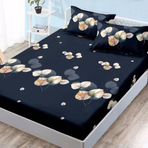 Cearsaf cu elastic, FINET, 180x200cm, 2 fete de perne 50x70cm, Negru, frunze