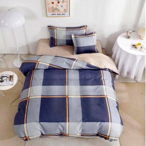 Lenjerie pat 1 PERSOANA,  FINET, 4 piese, cu ELASTIC, Albastru, carouri