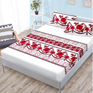 Cearsaf cu elastic, FINET, 180x200cm, 2 fete de perne 50x70cm, Alb-Rosu, model traditional