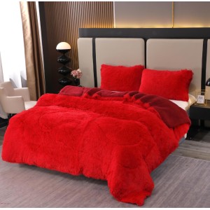 Pilota Super Pufoasă CoCoLiNo Fluffy cu Blăniță Sherpa Asortată, 200x230 cm, 4 kg, 2 Fețe de Pernă Asortate, 50x70cm – Căldură Instantă și Confort de Lux pentru Nopți Reci, Rosu