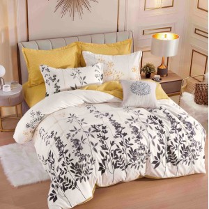 Lenjerie pat dublu,  FINET, 6 piese, cu ELASTIC, Jojo Home, Crem, frunze