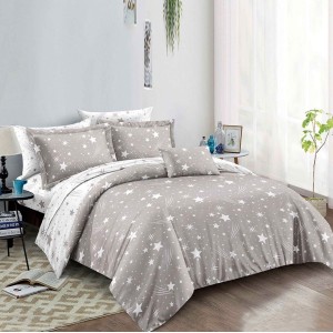Lenjerie pat 1 PERSOANA, 4 piese, cu ELASTIC,  Gri, stelute