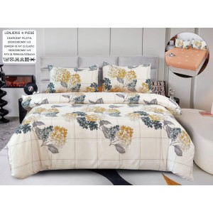 Lenjerie pat dublu, bumbac satinat,  Cearșaf cu ELASTIC 180x200cm, 4 PIESE, Crem, Gri, flori, hortensii