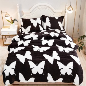 Lenjerie pentru Pat Dublu, Cocolino Premium, 4 Piese – Plușată, Groasă, și Călduroasă, Ideală pentru Iarnă –  Confort Maxim, Antișifonare, Negru, Alb, fluturi