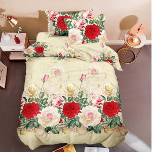 Lenjerie pat 1 PERSOANA, 3 piese, IMPRIMEU 3D Multiplicat, Microfibra, Bej, flori