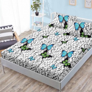 Cearsaf cu elastic, FINET, 180x200cm, 2 fete de perne 50x70cm, Gri-Bleu, pietre, fluturi