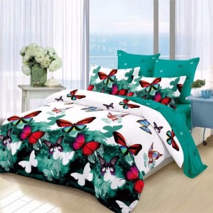 Lenjerie pat dublu,  FINET, cu elastic, 6 piese, Alb, Verde, Fluturi