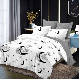 Lenjerie pat dublu,  FINET, cu elastic, 6 piese, Alb, Negru, Luna, Fluturi, Stelute