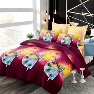 Lenjerie pat dublu,  FINET, cu elastic, 6 piese, Violet degrade, Multicolor, Zane, Pene, Stelute