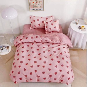 Lenjerie pat 1 PERSOANA,  FINET, 4 piese, cu ELASTIC, Roz, inimioare