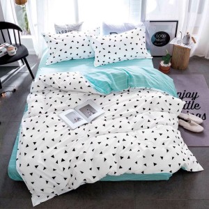 Lenjerie pat 1 PERSOANA, 4 piese, cu ELASTIC,  Alb-Bleu, forme geometrice