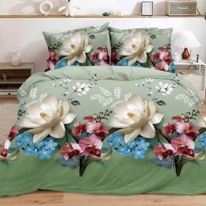 Lenjerie pat dublu, 4 piese, IMPRIMEU 3D Multiplicat Multiplicat, Microfibra, Verde, flori