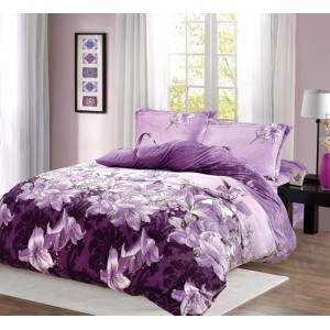 Lenjerie pat dublu, Super Pufoasa COCOLINO, 4 piese, cu ELASTIC, Lila, Mov, crini