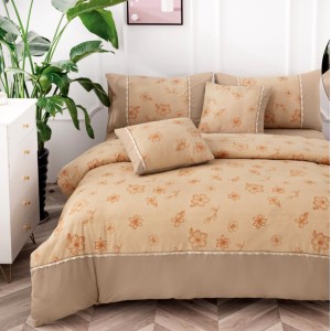 Lenjerie pat dublu,  Finet, CEARSAF CU ELASTIC, 6 piese, Bej, model floral