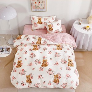 Lenjerie pat 1 PERSOANA,  FINET, 4 piese, cu ELASTIC, Roz, flori, ursuleti