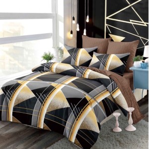 Lenjerie pat dublu,  FINET, cu elastic, 6 piese, Negru, Gri, Galben, Forme Geometrice