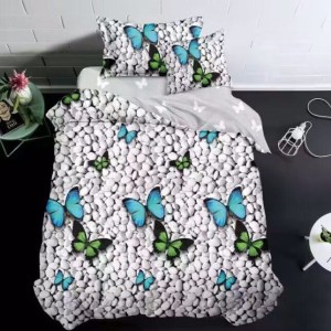 Lenjerie pat 1 PERSOANA, FINET, 4 piese, Gri, pietre, fluturi