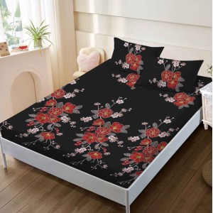 Cearsaf cu elastic, FINET, 160x200cm, 2 fete de perne 50x70cm, Rosu, flori