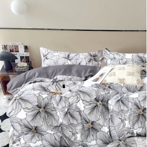 Lenjerie pat 1 PERSOANA, FINET, 4 piese, Gri, flori