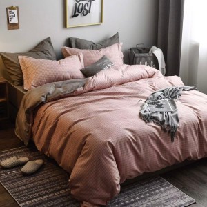 Lenjerie pat dublu, bumbac satinat,  cu elastic, Roz, Gri, Linii