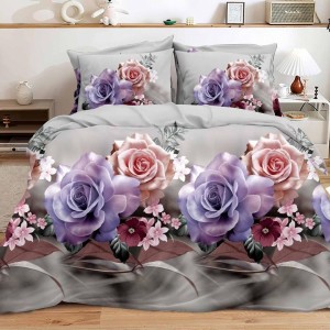 Lenjerie pat dublu, 4 piese, IMPRIMEU 3D Multiplicat Multiplicat, Microfibra, Lila, trandafiri