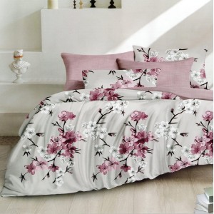 Lenjerie pat dublu,  FINET, 6 piese, Roz, flori de cires