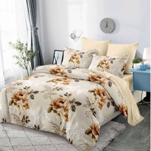 Lenjerie pat dublu,  FINET, cu elastic, 6 piese, Bej, flori