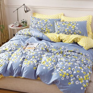 Lenjerie pat 1 PERSOANA, 4 piese, cu ELASTIC,  Bleu, floricele