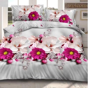 Lenjerie pat dublu, 4 piese, IMPRIMEU 3D Multiplicat Multiplicat, Microfibra, Gri-Roz, flori