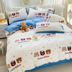 Lenjerie pat 1 PERSOANA,  Soft Touch CREPONAT DELUXE, 4 piese, cu ELASTIC, Albastru, ursuleti, stelute