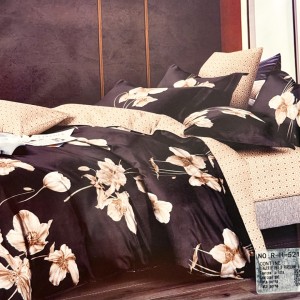 Lenjerie pat dublu,  FINET, 6 piese, Negru, Bej, flori