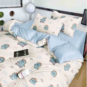 Lenjerie pat 1 PERSOANA,  FINET, 4 piese, Jojo Home, Crem-Bleu, dinozauri